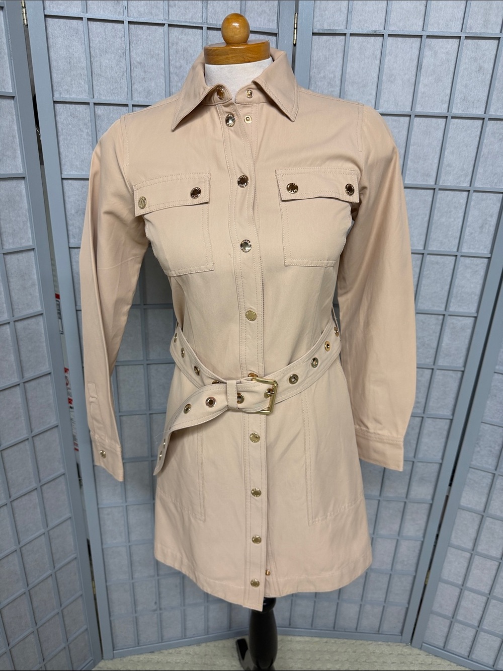 Michael Kors Neutral Beige Belted Shirt Mini Dress - Picture 2 of 13